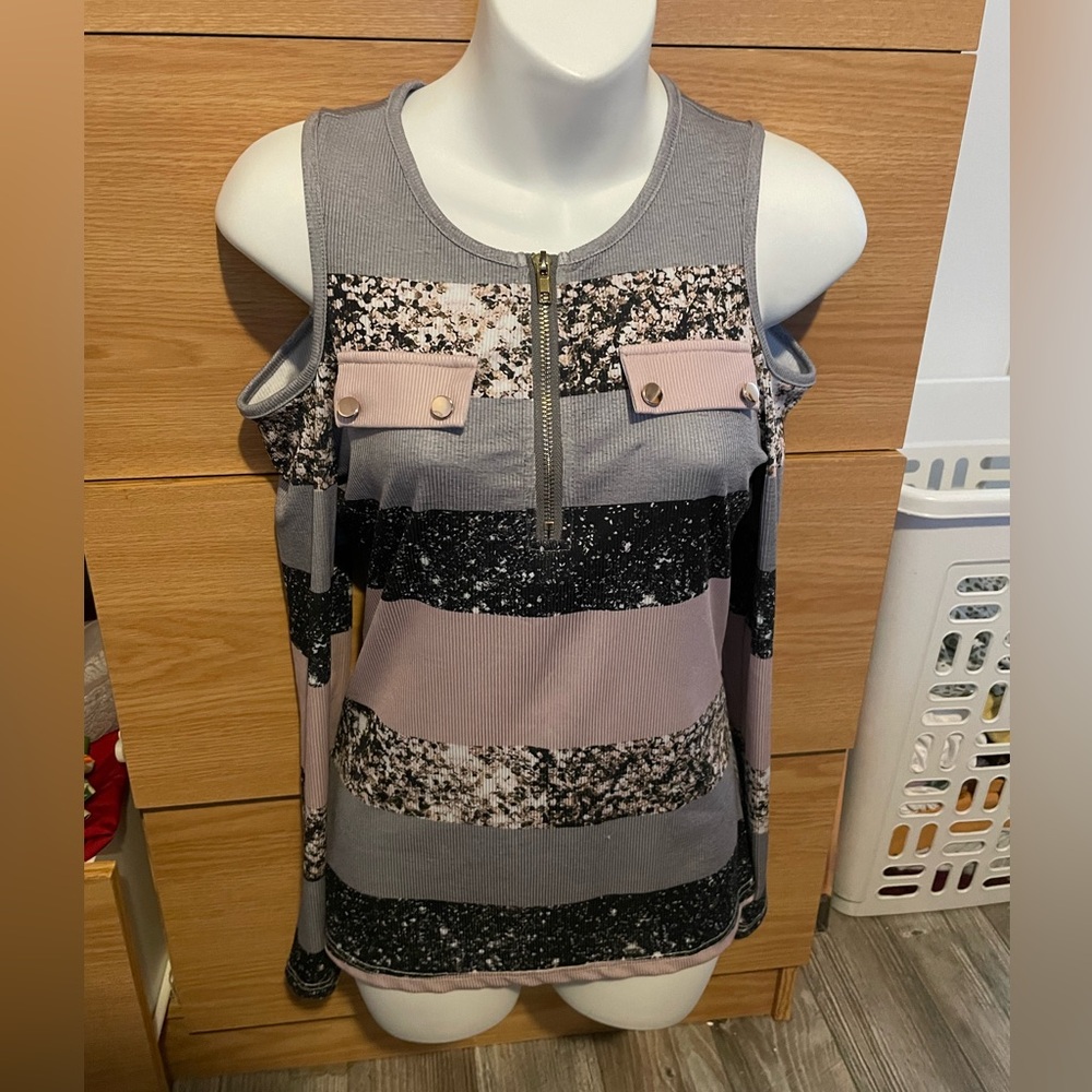Striped Cold-Shoulder Tank Top with Zip and Pocket Detail - Pink/Gray/Black